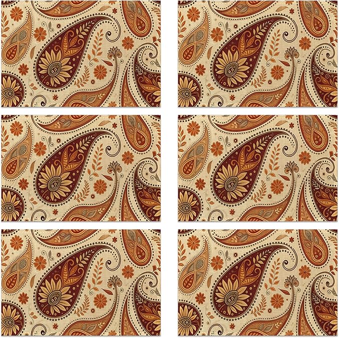 Placemats, Indian Vintage Paisley Pattern Brown Placemats 12x18 Inch Waterproof Non-Slip Washable Table Mats for Kitchen Dining Party Table Decor,Set of 6