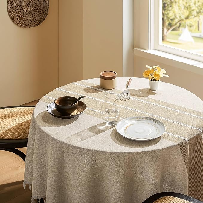ZeeMart Contrast Linen Round Tablecloth 60 Inch Brown, Farmhouse Style Round Table Cloth Heavy Weight Beige Tablecloths, Water Resistant Burlap Table Cloths