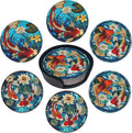 Fish Coasters Leather Round Drink Coasters 6 Pcs Set with Holderor for Cup Drink Coffee Table Bar Home Decor