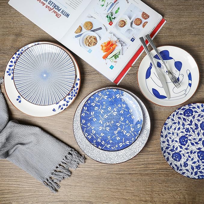 Selamica 10 Inch Kitchen Serving Plates, Large Dessert Plates Ceramic for Salad Pasta Steak, Microwave Dishwasher Safe, Set of 6, Blue