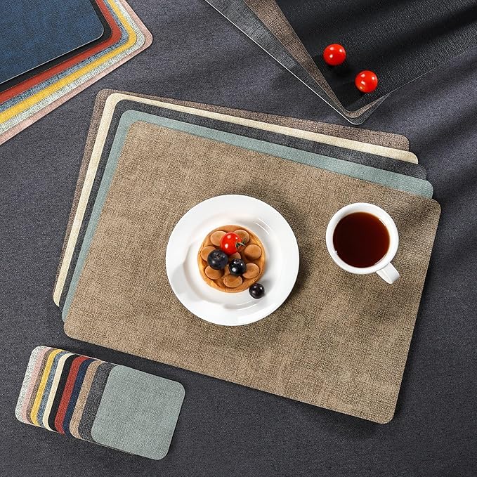 Myir JUN Placemats Dual Sided, Faux Leather Place Mats Set of 8 Indoor Placemats for Dining Table Non-Slip Washable Placemats Heat Resistant Outdoor Table Mats (Set of 8, Black)