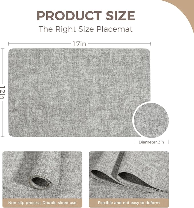 Vinyl Placemats Set of 8, Faux Leather Waterproof and Heat Resistant Place Mats, Washable Anti-Slip Table Mats with Coaster, Wipeable Placemats for Indoor & Outdoor 17" x 12" (Light Grey, Set of 8)