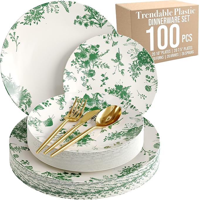 Trendables Fancy Plastic Dinnerware Sets 100 Pc Set 20 Guests Gold Silverware Disposable 20 X 10 Inch Charger Plates 20 X 8 Inch Dessert Plates 20 x Gold Plastic Forks and Spoons Knives In Verdure