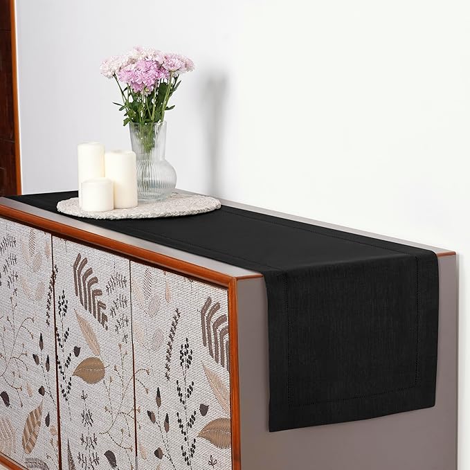 D'Moksha Homes Linen Black Table Runner 132 Inches Long - 100% Pure Linen Extra Long Table Runner 14 x 132 Inch for Spring, Easter - Classic Hemstitch