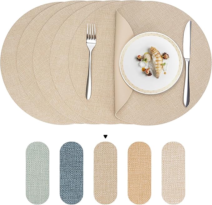 Round Wipeable Placemats Set of 6 – Faux Leather Round Table Mats, Waterproof & Washable Vinyl Placemats, Circle Design for Dining Table Decor– Taupe