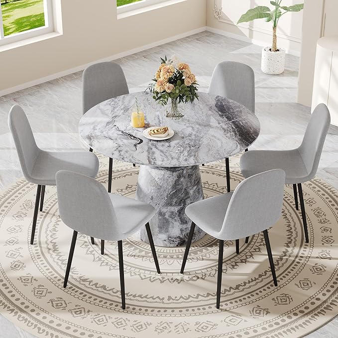 Round Dining Table Set for 6, 45" Modern Faux Marble Kitchen Table and Upholstered Chairs, 7 Piece Circle Dinner Set for Dining Room, Kitchen (Marble Gray Set)