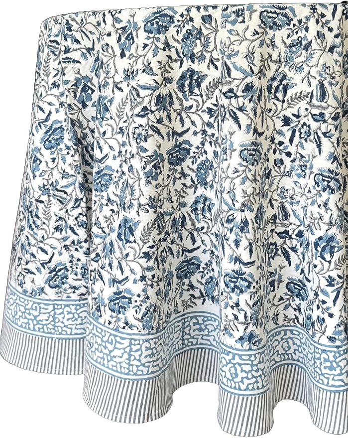 ATOSII Jodhpur Blue 100% Cotton Round Tablecloth, Handblock Print Floral Table Cloth for Kitchen Dining Linen I Parties, Weddings, Outdoors, Christmas I Fall Home Decor 72" Inches Round