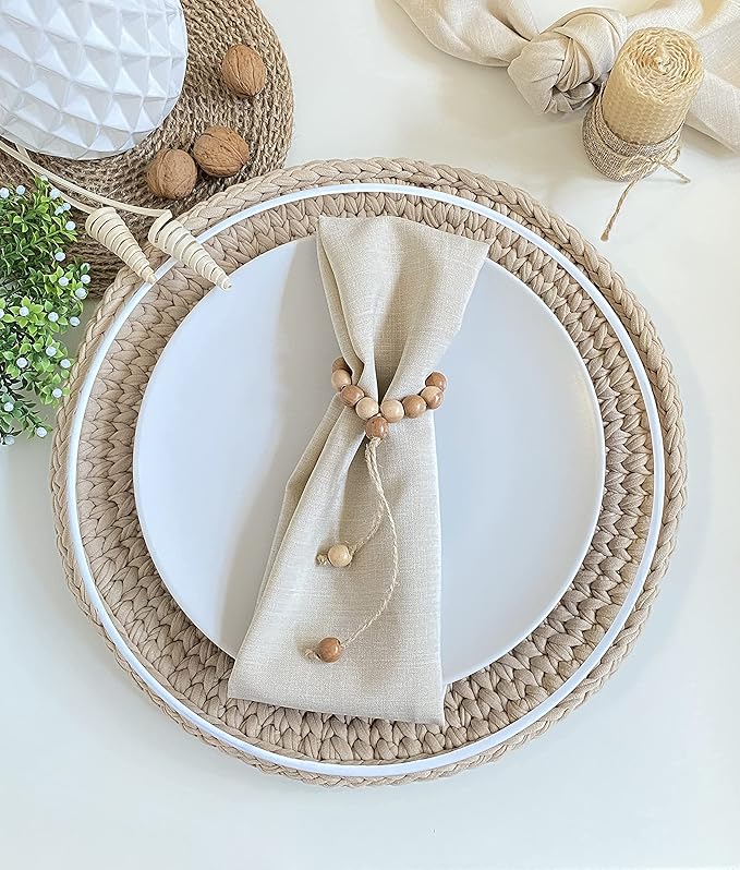 Napkin Rings Set of 6 - Wood Beaded Napkin Rings - Natural Rustic Wooden Napkin Holder Ring for Table - Handmade Wooden Beads Napkin Ring with Jute Twine - Farmhouse Napkin Ring
