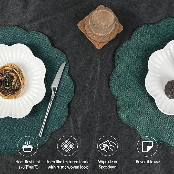 AHHFSMEI Round Faux Linen Placemats Set of 4 Waterproof Table Mats Heat Resistant Non-Slip and Stain Proof for Kitchen Dining Elegant Decor (Forest Green,4)