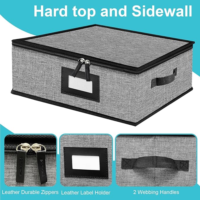 Quilted Platter Storage Case-Fine China Storage Containers Hard Shell for Organizing,Stackable Plate Storage Containers with 4 Felt Dividers,dinnerware Storage,Moving Box,Moving Supplies