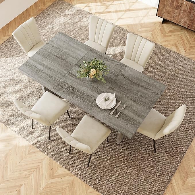 7-Piece Dining Table Set for 6 People, 70.8" MDF Kitchen Table with 6 Velvet Chairs, Space-Saving for Dining Room, Breakfast Nook(Grey Table+6 Beige Chairs)