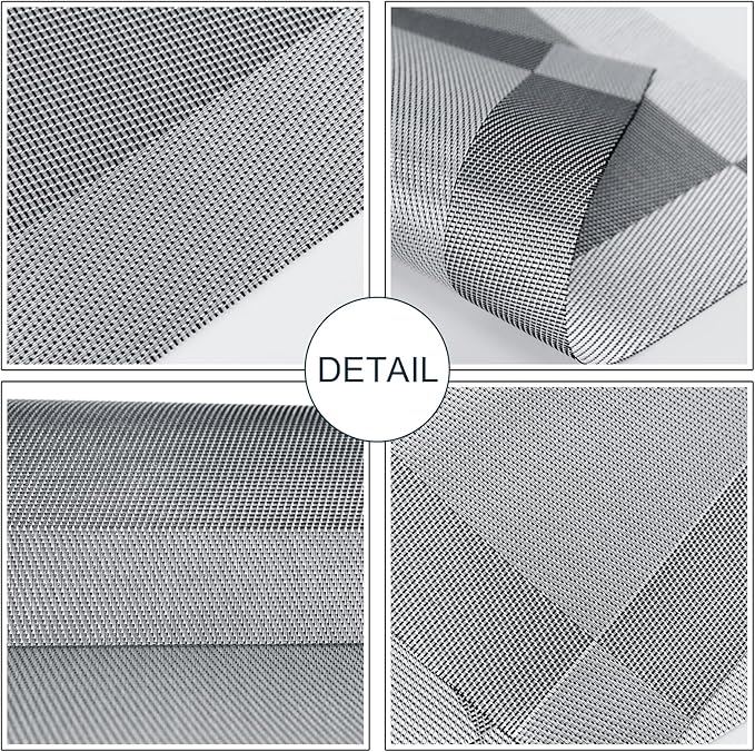 Placemats,Table Place Mats for Kitchen Dining, Heat-Resistant Anti-Skid Stain Washable PVC Table Mats, Easy to Cleaning Woven Vinyl Dinner Mats (Dark Silver, 6 Pack)