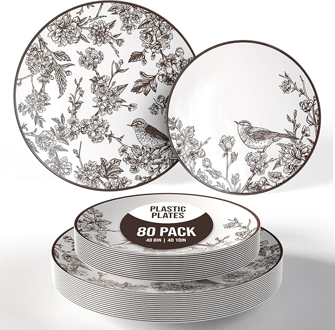Trendables Disposable Dinnerware Decorative Plates Plastic Disposable Plates Set For 40 Guests 40 x 8 Inch Dessert Plate & 40 x 10 Inch Wedding Party Plate Set Rustik