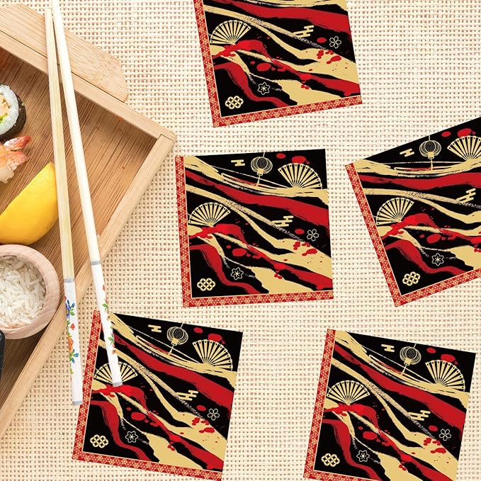 Hibachi Birthday Party Decorations, 50 Sheets Hibachi Party Napkins Disposable Supplies, Asian Japanese Style Paper Napkins Tableware Decor for Birthday Baby Shower (Size 6.5 Inch)