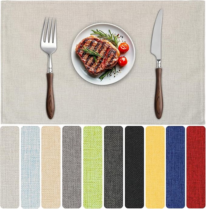 Blue Forest Placemats Set of 4, Dual-Layered Thickened Faux Linen Table Mats Heat Resistant Machine Washable Wrinkle Free Place Mats for Kitchen Dining Outdoor/Indoor (Cream Beige)