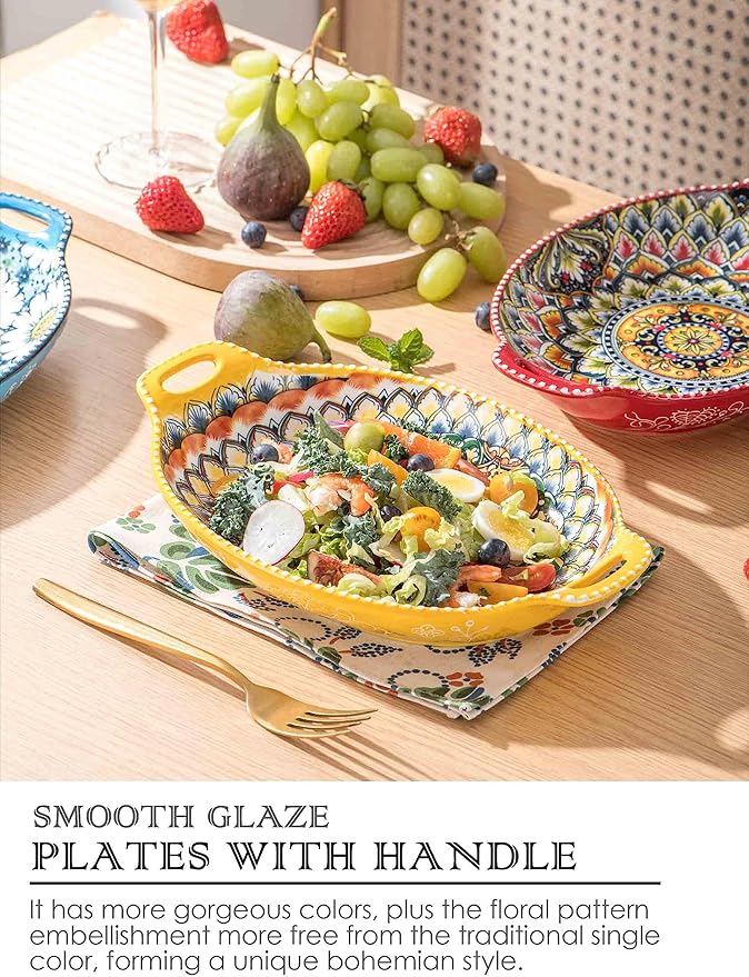 Henten Home Pasta Bowls with Handle, 32 oz Porcelain Salad Bowls Set of 4, Ceramic Colorful Serving Dishes for Dinner, Vegtable, Fruit, Microwave & Dishwasher Safe