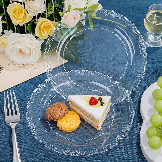 DaYammi 60PCS Clear Plastic Plates Heavy Duty Clear Disposable Plates 7.5” Fancy Dessert Plates Small Cake Plates Appetizer Platos Hard Round Plastic Platos Disposable for Wedding and Party