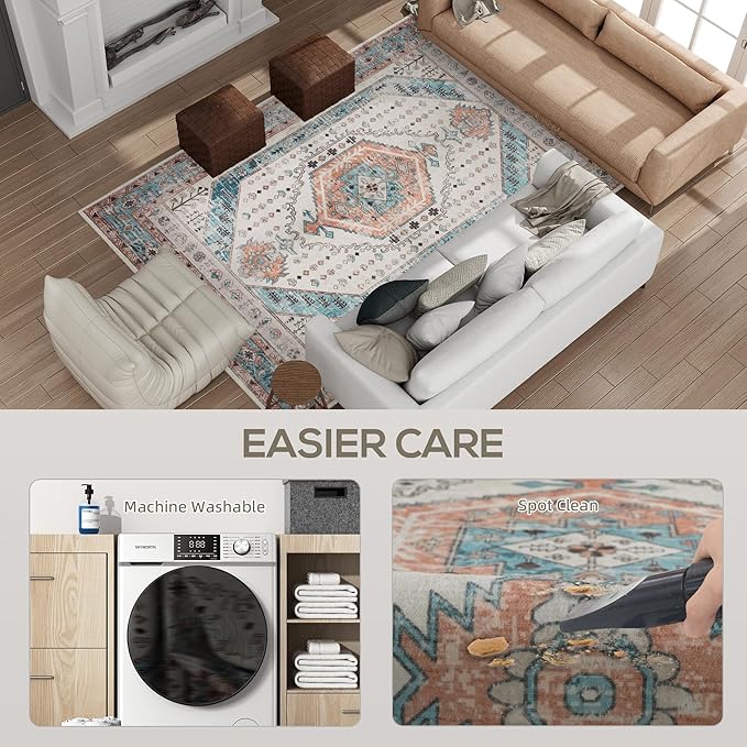 HOMCOM Washable Area Rug, 5'x7' Vintage Indoor Distressed Carpet, Retro Floor Cover Foldable, Floral Print Mat for Living Room, Bedroom, Dining Room, Brown and Blue