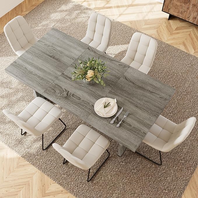 7-Piece Dining Table Set for 6 People, 70.8" MDF Kitchen Table with 6 Upholstered Chairs, Space-Saving for Dining Room, Breakfast Nook(Grey Table+6 White Chairs)