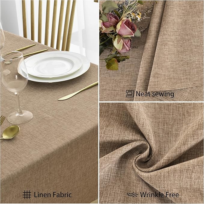 JIUZHEN Faux Linen Farmhouse Tablecloth Rectangular, Wrinkle Stain Resistant Table Cloth Rectangle Table Cover for Kitchen Dining, Holiday Party Dinner, Khaki, 60 x 140 Inch