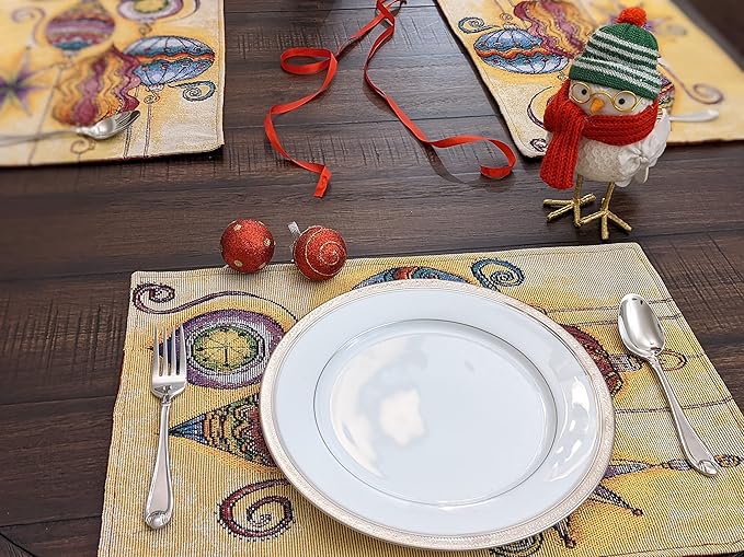 DaDa Bedding Bohemian Ornaments Tapestry Placemats - Set of 4 Festive Christmas Holiday Turkish Star Lights Lanterns - Needle Stitched Cotton Linen Woven Kitchen Dining Table Mats - 13” x 19” (14916)