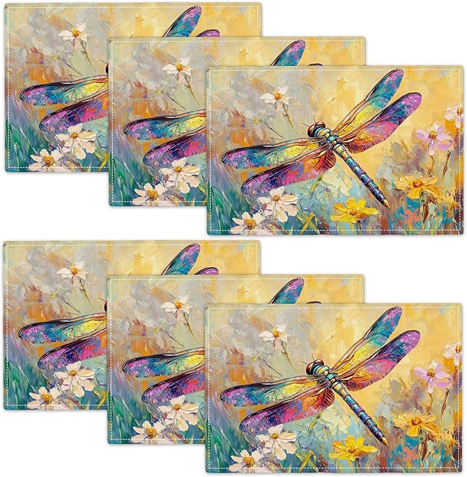 Dragonfly Placemats Set of 6, Dragonfly Flower Table Mats, Floral Washable Place Mats for Coffee Bar Home Party Indoor Kitchen Dining Table Decoration 12x18 Inch