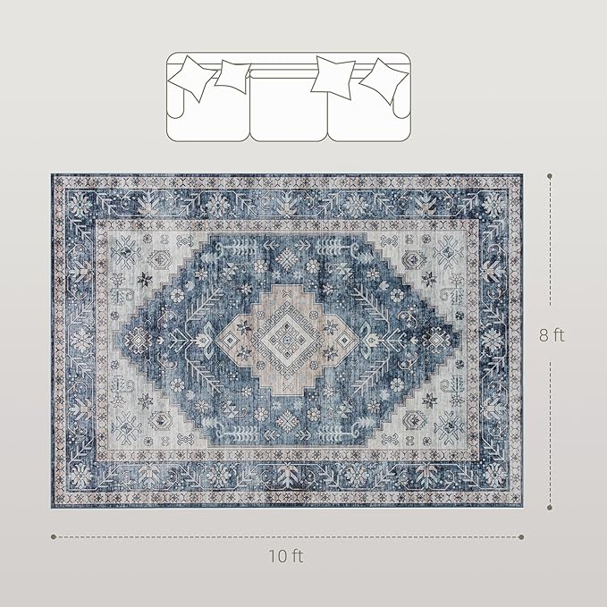 HOMCOM Washable Area Rug, 8'x10' Vintage Indoor Distressed Carpet, Retro Floor Cover Foldable, Floral Print Mat for Living Room, Bedroom, Dining Room, Blue