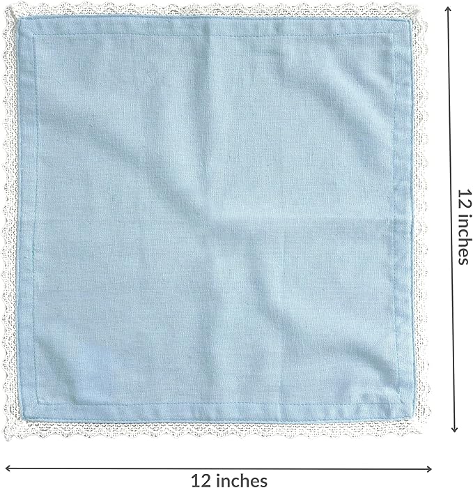 Fingercraft Dinner Cloth Napkin Cotton Linen Blend 12 Pack 12In Mitered Corners with Elegant Lace for Everyday Use Napkins Cloth are Pre Shrunk and Good Absorbency Sky Blue