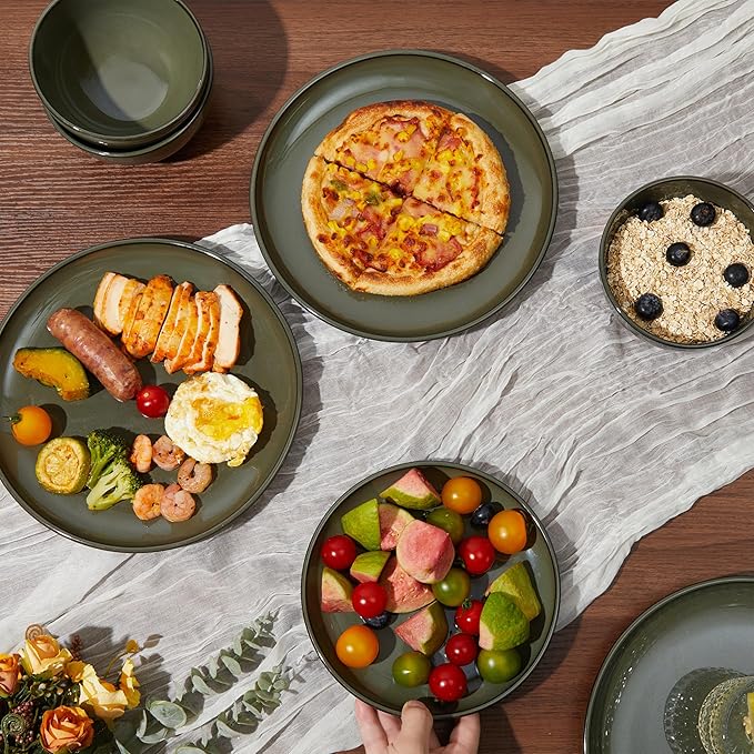 Ceramic Plate Set 10 Inch, Terracotta Dinner Plates of 6, Microwave Safe Plate, Large Serving Plates for for Salad Pasta Steak, Blackish Green