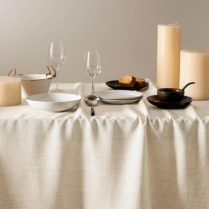 Linen Tablecloth for Rectangle Table 52x52 Inch Light Tan, Farmhouse Style Beige Tablecloth, Water Resistant Burlap Tablecloths for Dining Table Farmhouse Kitchen
