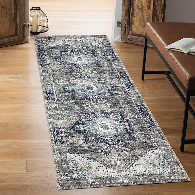 Keen Home Design 2x12 Rug - Machine Washable Runner Rug with Non-Slip Backing, Ideal for Hallway, Entryway, Kitchen, Laundry Room - Vintage, Easy Clean, Durable, Low Pile - (2'6" x 12')