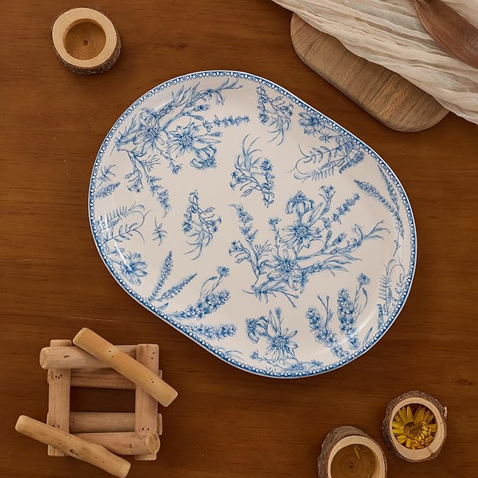 Bico Blue Garden Toile De Jouy 16 plus 12 inch Oval Platters Set, Set of 2, Microwave and Dishwasher Safe, for Serving Fish, Chicken, Turkey