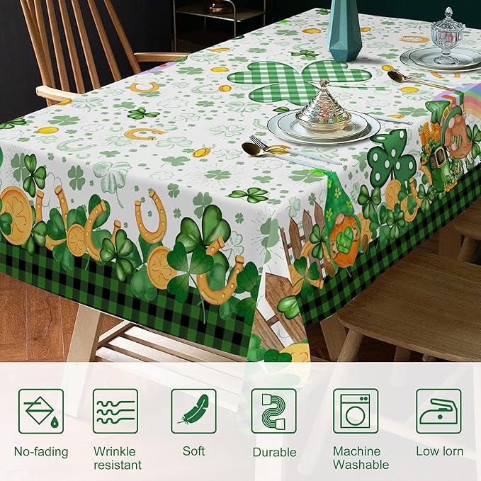 St. Patrick's Day Round Tablecloth, 70 Inch with Shamrock Gnome, Buffalo Check Plaid Kitchen Table Cover for Dining Room Indoor Decor