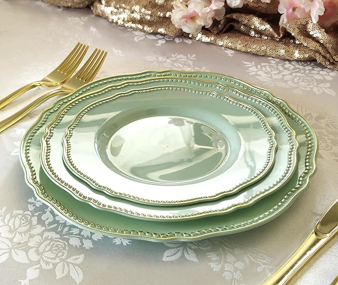 " OCCASIONS " 240 Plates Pack,(120 Guests) Heavyweight Premium Disposable Plastic Plates Set -120 x 10.25'' Dinner + 120 x 7.5'' Salad/Dessert (Rochelle Seafoam/Mint and Gold))