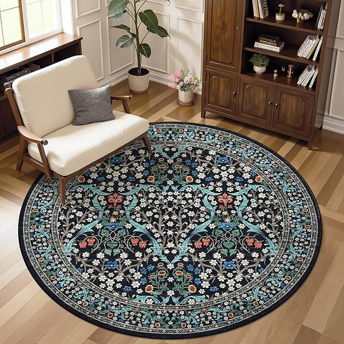 GarveeHome Black Floral 6 ft Round Rug Washable Non-Slip Soft Low Pile Circle Carpet Vintage Rugs for Kitchen Bedroom Nursery Dining Living Room
