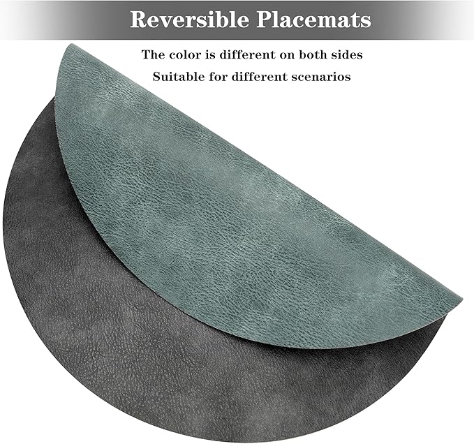 Round Placemats and Coasters Set of 6, Washable Reversible Faux Leather Placemats Cowhide Pattern Place Mats Wipeable Non-Slip 15 inch Round Kitchen Dining Table Mats (Gray Blue Green, 6)