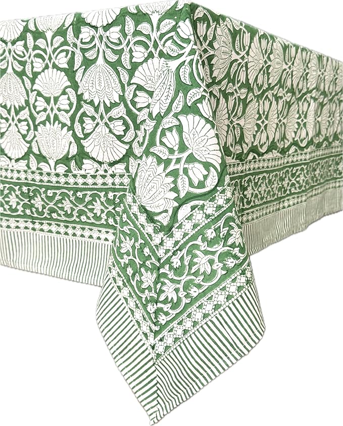 ATOSII Meadow Green100% Cotton Fall Tablecloth, Handblock Print Rectangle Table Cover for Kitchen Dining Linen I Parties, Weddings, Outdoors, Easter Table Cloth Decor 60 X 108 Inches I 8 Seater