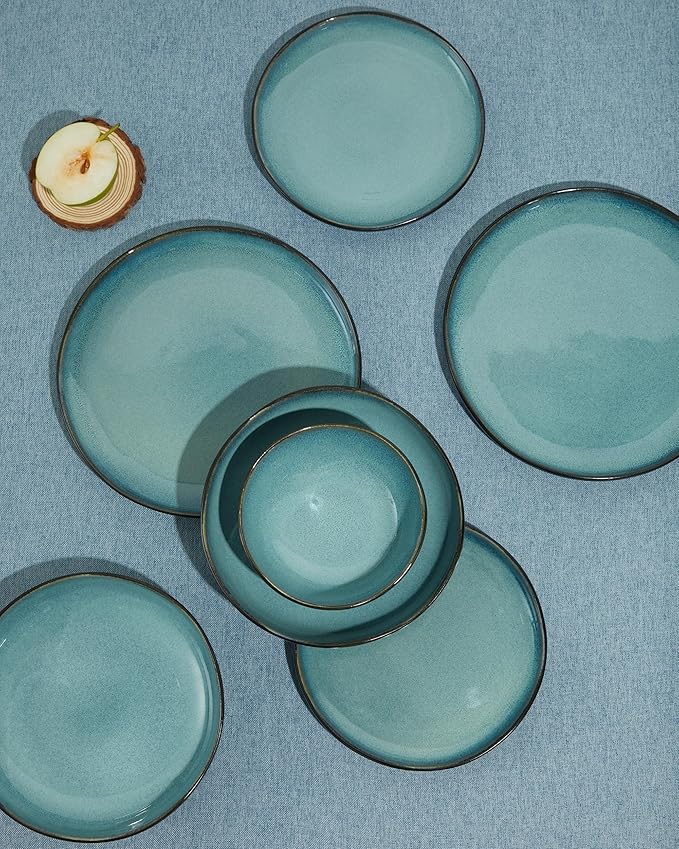 Stoneware Dinnerware Sets, Kitchen Plates and Bowls Set, Ceramic Dish Set for 4, Modern Chip & Scratch Resistant Dishware Sets, Durable Reactive Glaze Dinner Set, Green Black