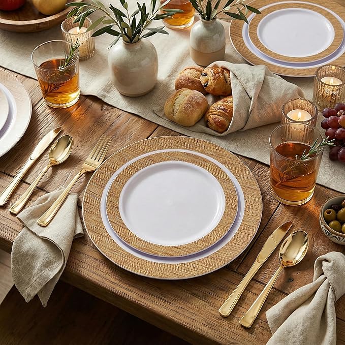 I00000 102 Pcs Wood Grain Brown Plastic Plates, Brown Party Plates Premium Plastic Disposable Plate Disposable Include 51 Dinner Platos 10" & 51 Dessert Platos 7", Elegant Wood Grain Design for Party