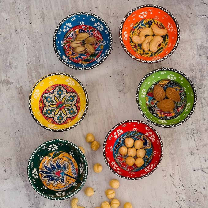 BCS Ceramic Pinch Bowls Set of 6, Small Bowls for Dipping - Cooking Prep & Charcuterie Board Bowls, Soy Sauce Dish, Handmade Multicolor Decorative Serving Dishes (3.2'' - 3 oz)