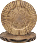 13 Inch Antique Gold Charger Plates Set of 6 Round Plastic Plates Matte Finish Faux Rattan Woven Texture Charger plates for Wedding Party Christmas (262)