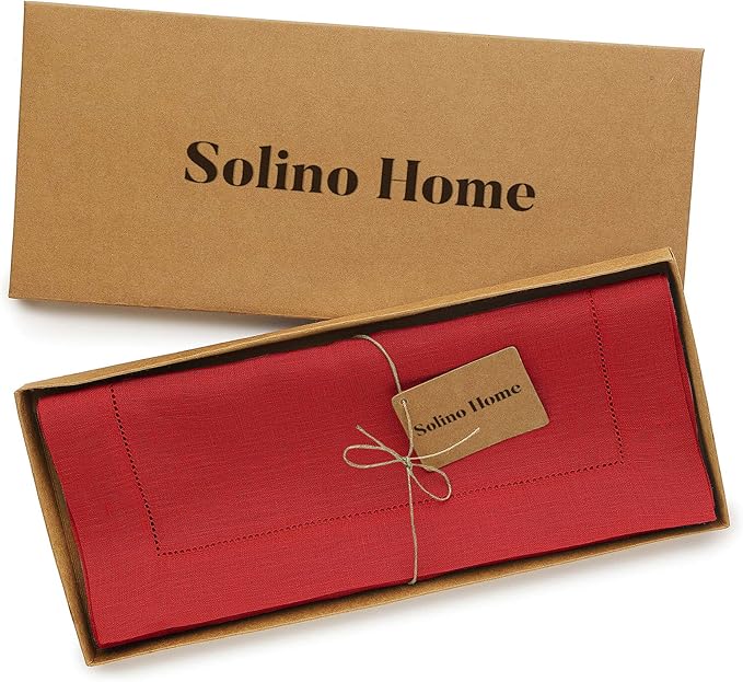 Solino Home Linen Red Table Runner 36 Inches - Classic Hemstitch, 100% Pure Linen Coffee Table Runner 14 x 36 Inch Ideal for Dresser Tables - Valentines, Winter