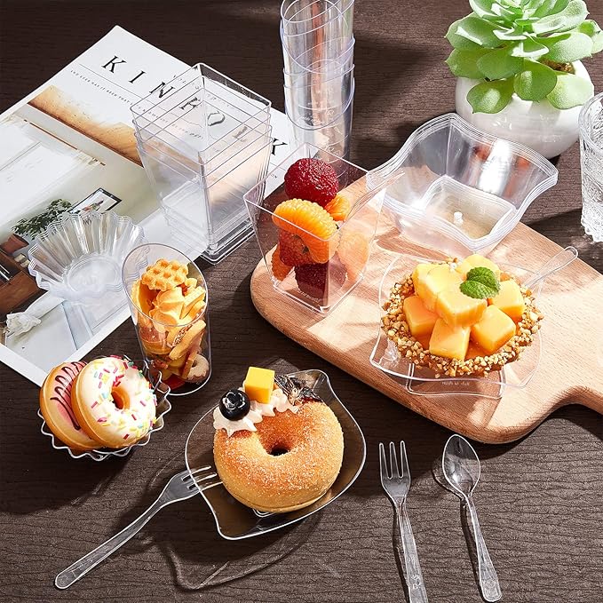 Tessco for you 1600 Pcs Mini Appetizer Plates Dessert Cups with Spoons Forks Set Assorted Shape Plastic Parfait Cups Dessert Plates Container Bowls with Disposable Spoon Fork for Party (Clear)