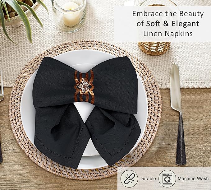 Ruvanti Premium Linen Napkins Set of 6-20x20 Inch, Classic Hemstitch, Mitered Corner Cloth Napkins ‎‎- Soft, Elegant Dinner Napkins Cloth Washable for Weddings, Parties, Everyday Use - Black
