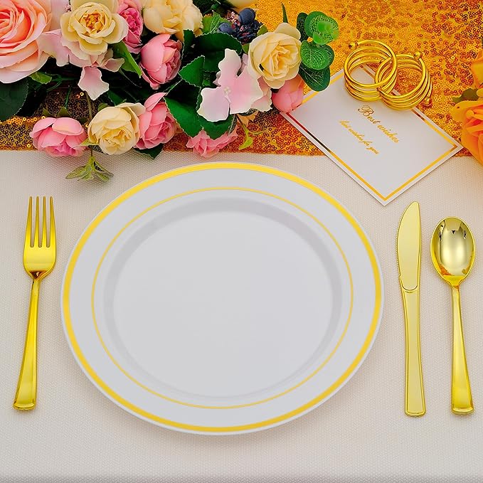 50 PCS Gold and White Plastic Plates for 50 Guests,10.25inch Gold Rimmed White Disposable Plastic Plates for Wedding,Party,Birthday,Smooth Edge & Heavy Duty Dinner Plate