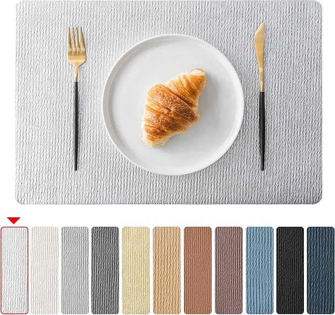 Jovono Faux Leather Placemats Set of 4, Waterproof Washable Table Mats, Easy-Clean Heat Resistant Kitchen Vinyl Place Mat for Dining Table, Wedding, Holidays, Indoor, 17.8"x11.8", Silver