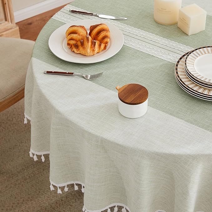 ZeeMart Contrast Linen Round Tablecloth 60 Inch Mid-Stripe Green, Farmhouse Style Round Table Cloth Heavy Weight Sage Green Tablecloths, Water Resistant Burlap Table Cloths