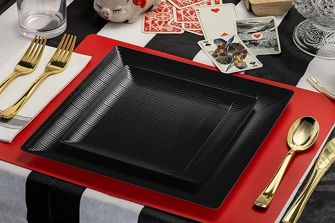 Exquisite Disposable-Black-Plastic-Plates-Square Linear (40 Pack) Wedding Dinner Fancy Tableware Dishes (7.5 Inch., Black) Single Size Set