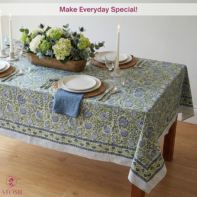 ATOSII Amara Green 100% Cotton Rectangle Fall Tablecloth, Handblock Floral Print Linen Table Cloth for Kitchen Dining I Parties, Weddings, Outdoors, Easter I Home Decor 60 X 90 Inches I 6 Seater