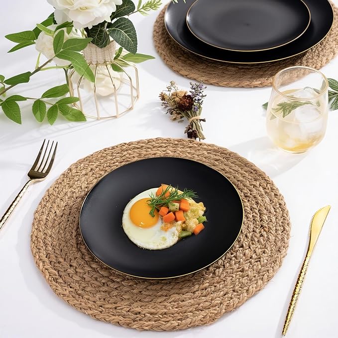 EI enjonirinjonir 80pcs Black Dessert Plates with Gold Rim,7.5inch Heavy Duty Disposable Matte Plastic Party Platos Frosted Small Black Dessert/Cake/Appetizer Plastic Plates for Wedding/Tea Party